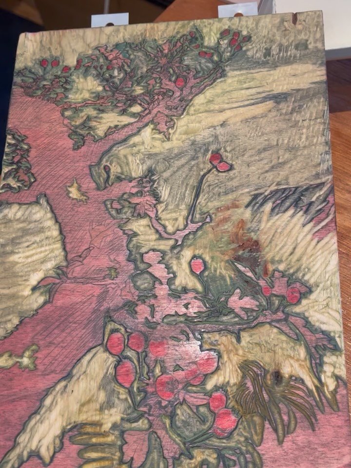 a couple of layers in to an Exmoor hawthorn, cutting the block is only the beginning, and i'm really making up colours and shapes as i go with this one.  Second image is the original drawing on wood.  #reduction #woodcut #exmoor #hawthorn