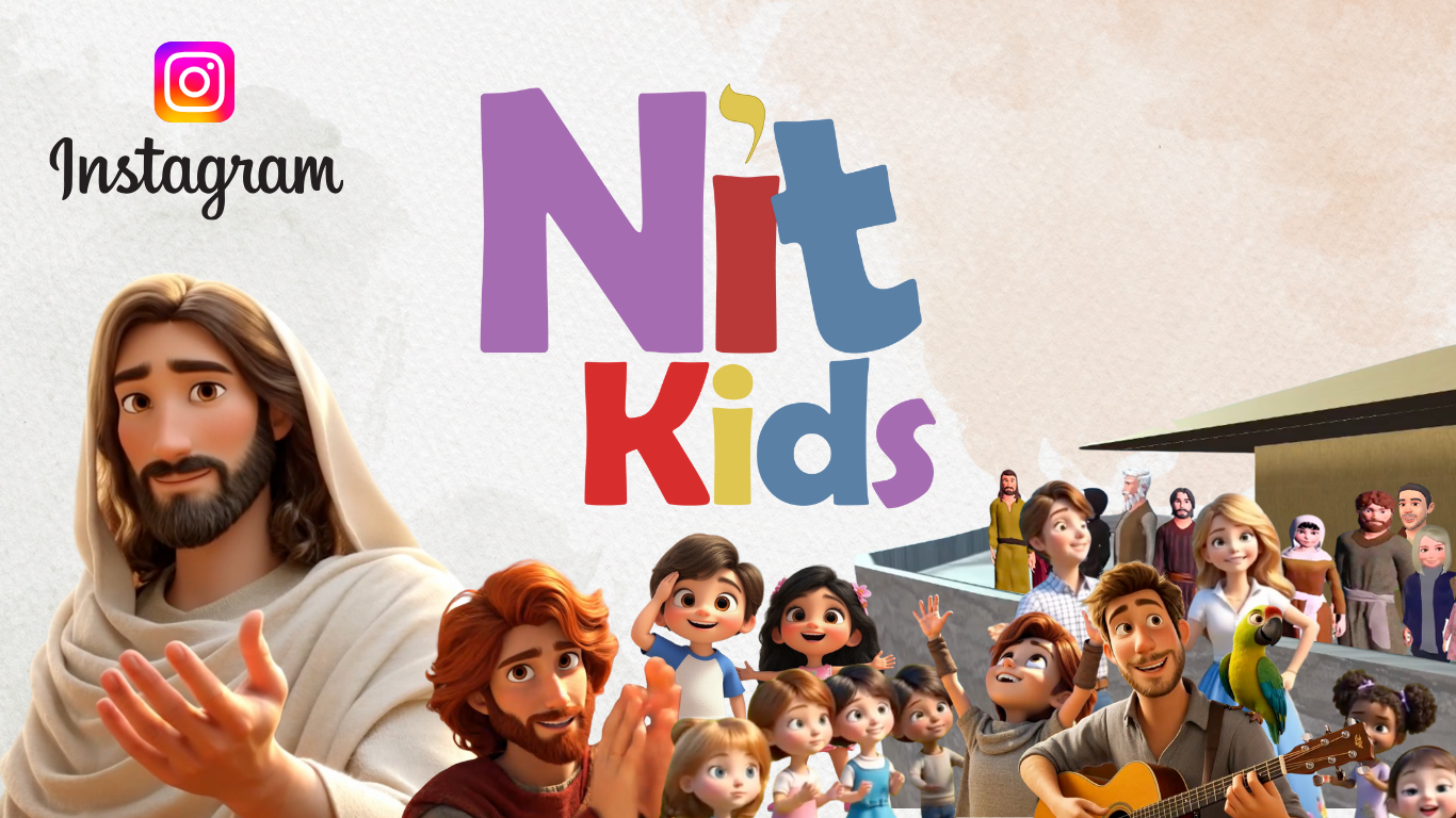 Cena de animação com várias crianças e adultos, incluindo Jesus com barba e cabelo longo, roupas brancas, e uma criança com um papagaio no braço, ao lado de um homem com uma guitarra, em um fundo com o texto 'Nut Kids' e o logotipo do Instagram.