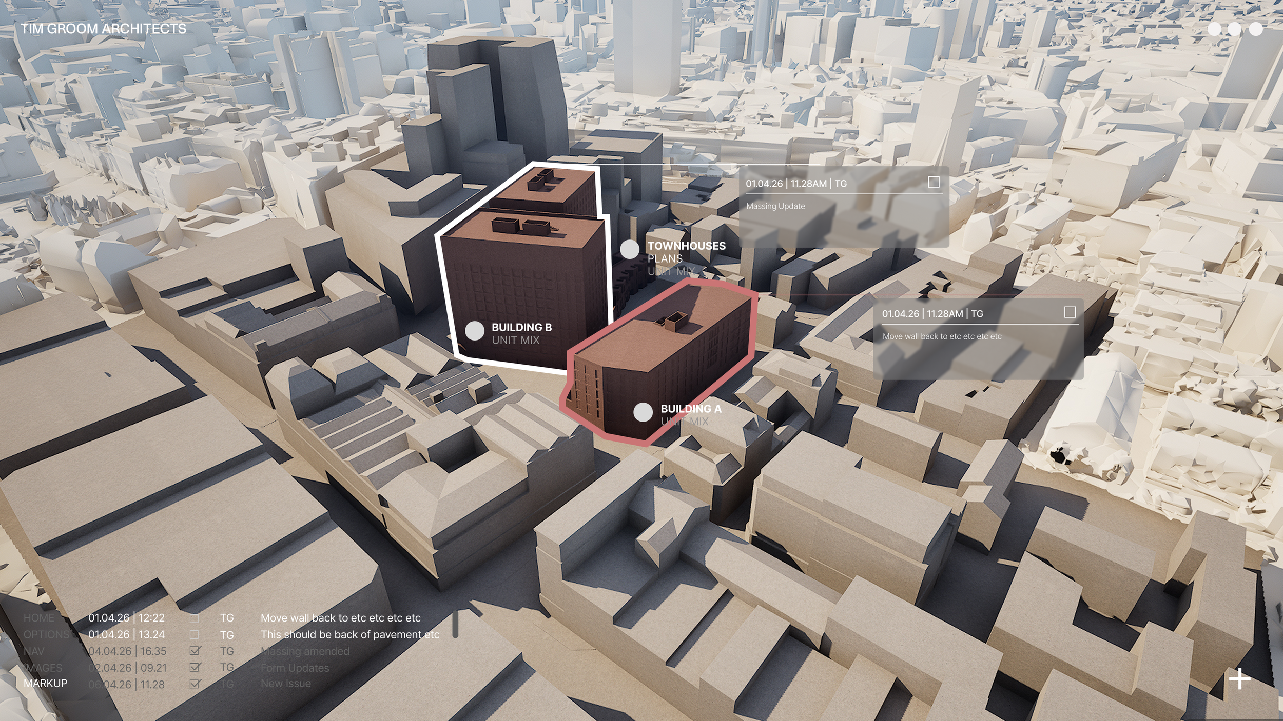 Aerial view of digital twin featuring two prominent buildings labelled Building A and Building B, with building outlines and surrounding structures, digital overlay with planning updates and date/time information.