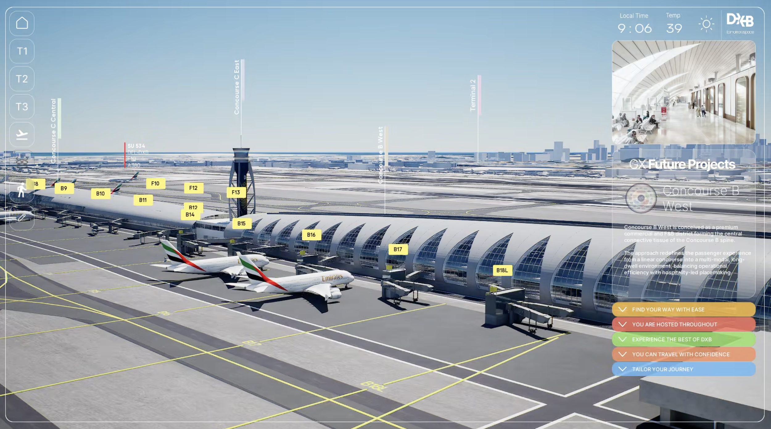 A Digital Tiwn of Dubai airport terminal with airplanes parked at gates an infographic overlay showing future airport project plans. The background includes a blue sky, and flight information displays on the screen.