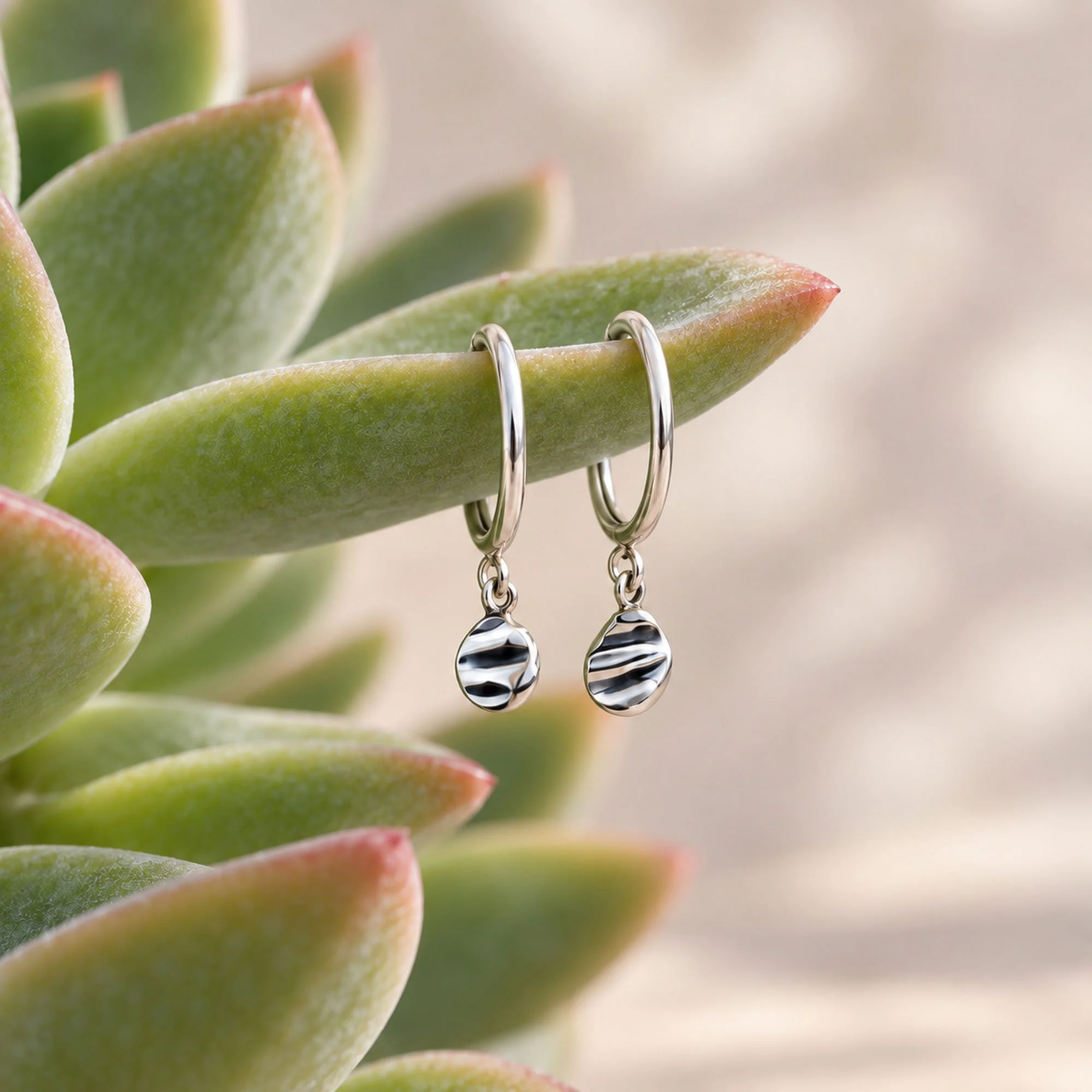 Boho stackable silver hoop earrings on a succulent plant. Ethically made entirely by hand in a small, woman-owned jewelry studio in Greece.