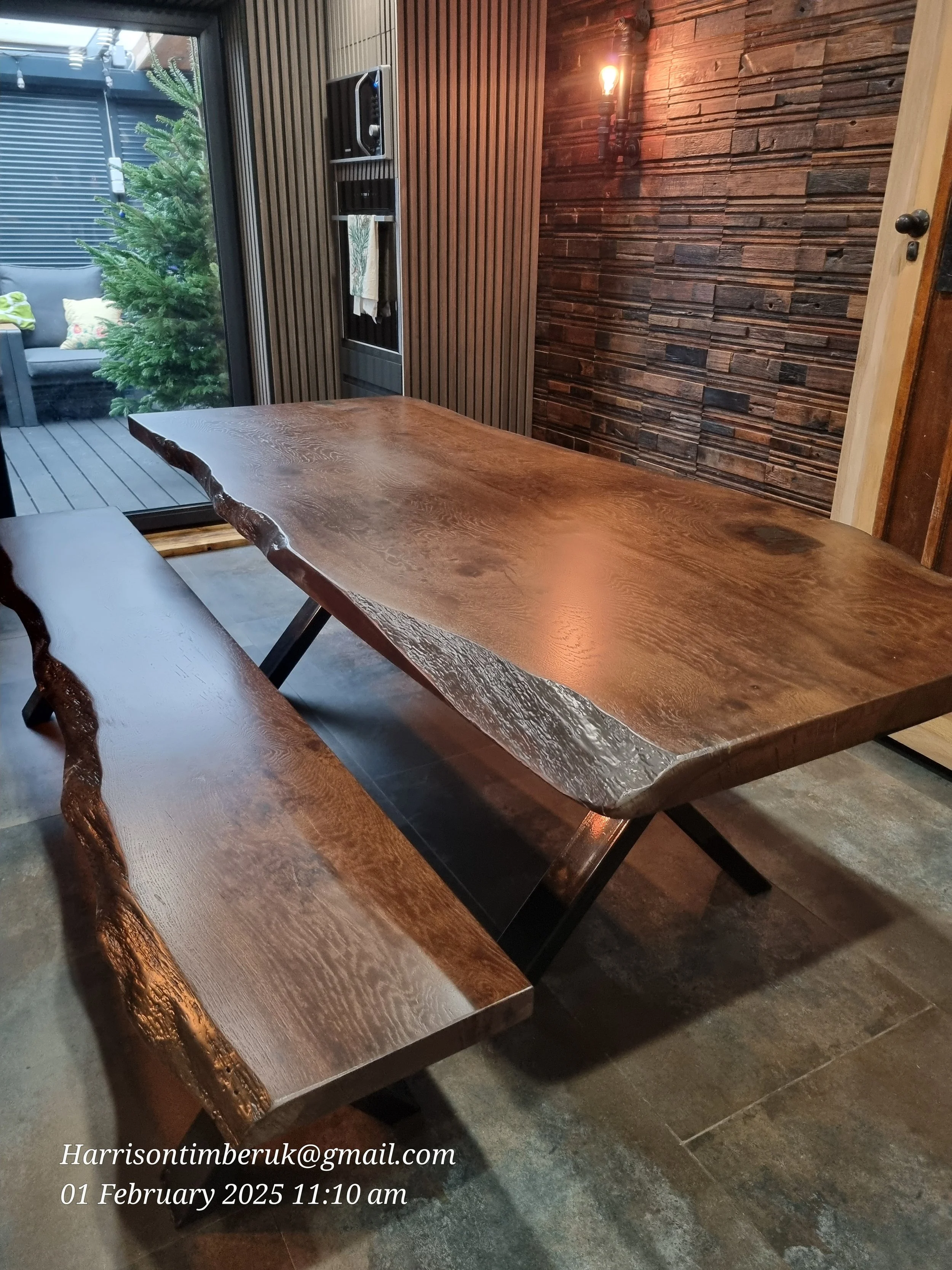 Industrial Dark Oak Dining Table with Bench