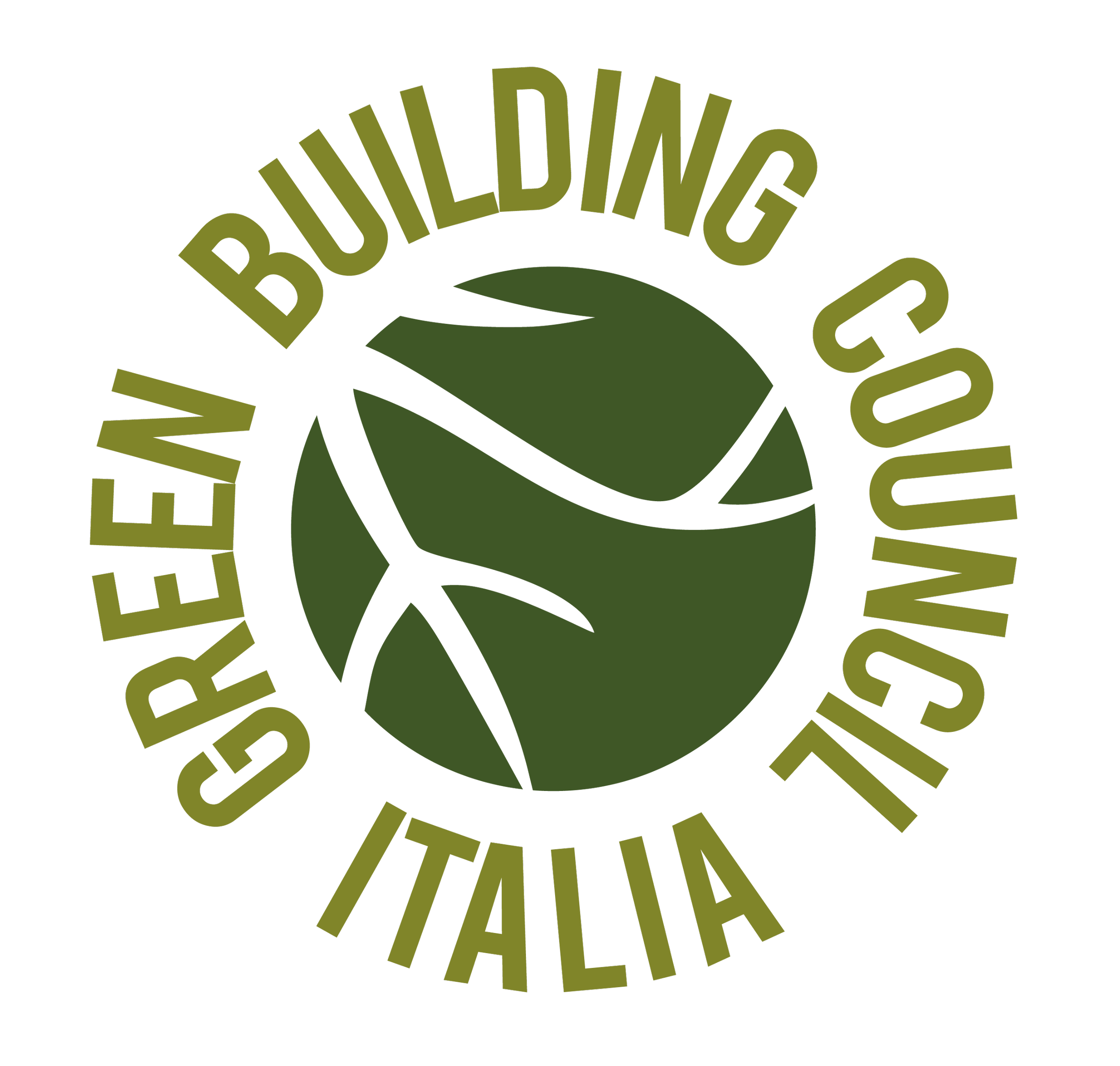 Round logo with green and black colors displaying a stylised leaf and the words 'GREEN BUILDING COUNCIL ITALIA' encircling it.