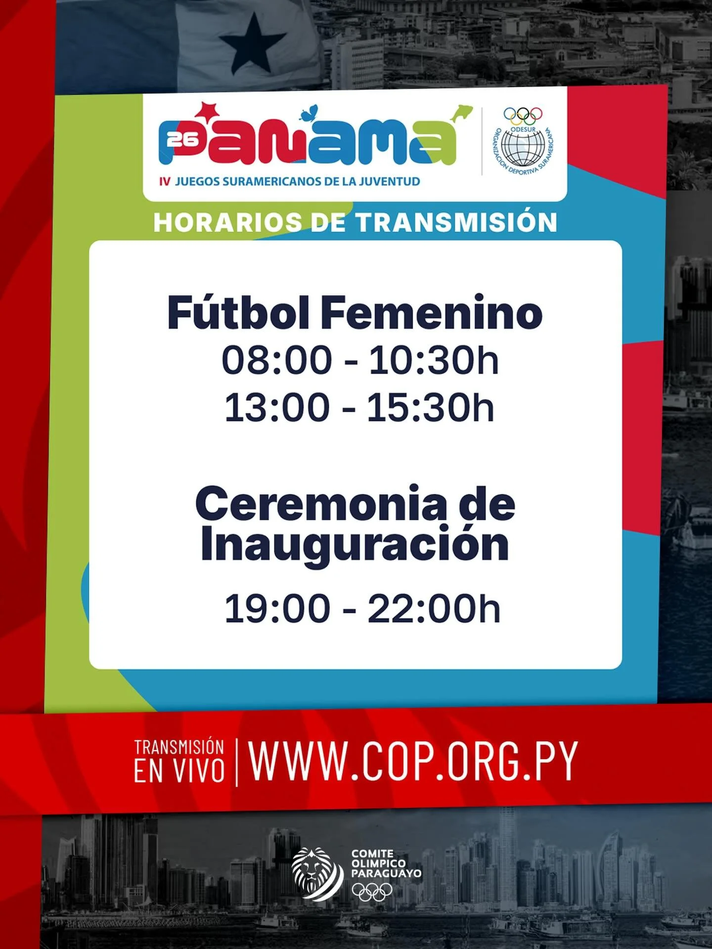 🤩 Los IV Juegos Suramericanos de la Juventud Panam&aacute; 🇵🇦 2026 lo vas a vivir por la web del Comit&eacute; Ol&iacute;mpico Paraguayo 🇵🇾😃

🗓️ DOMINGO 12 de ABRIL - AGENDA.

🚨 EN VIVO: www.cop.org.py 

🗓️ Del 12 al 25 de Abril. 

📲 &iexcl