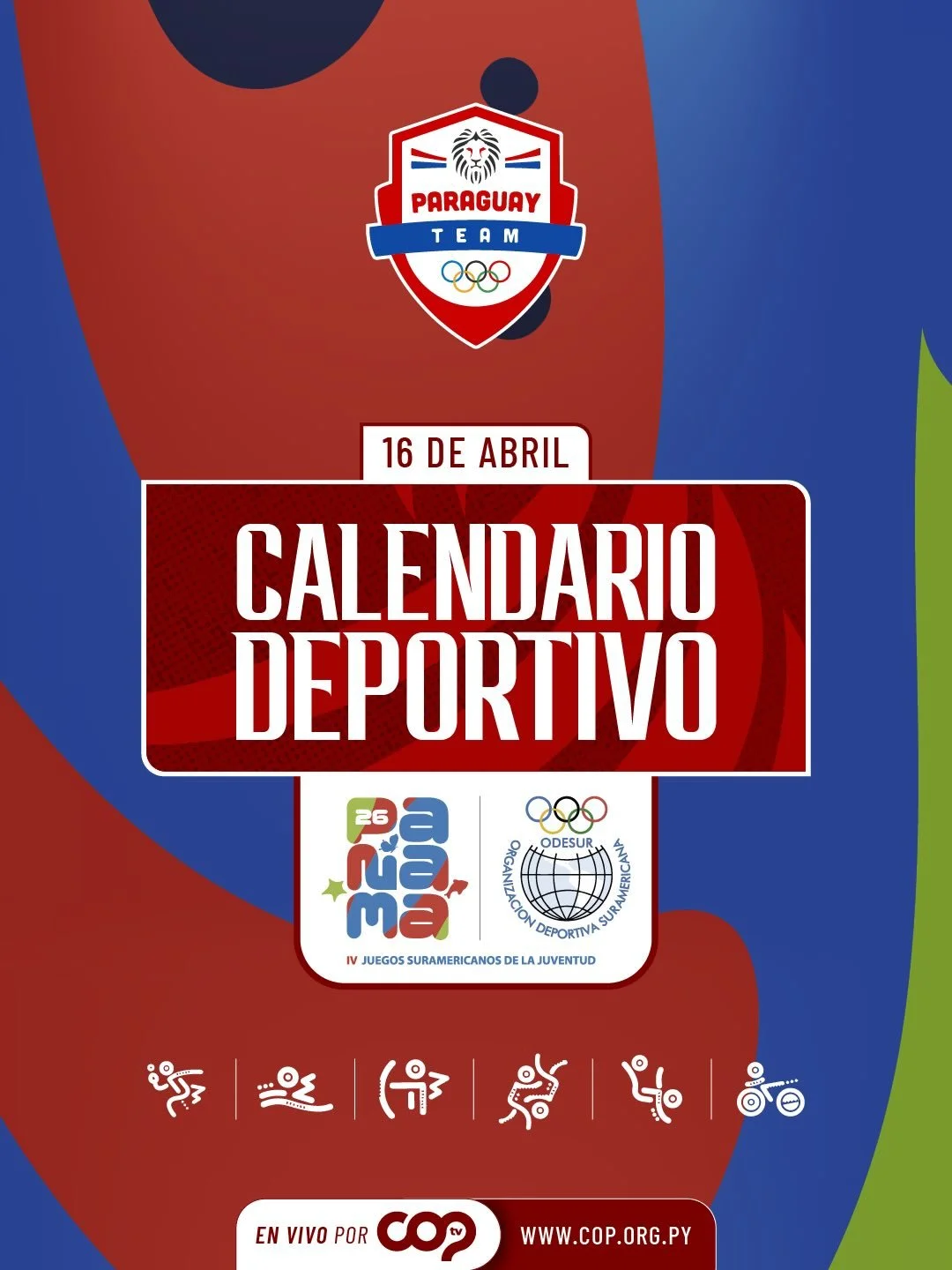 🤩 IV Juegos Suramericanos de la Juventud Panam&aacute; 🇵🇦 2026

🇵🇾 &iexcl;AGENDA DEL JUEVES 16 DE ABRIL DEL TEAM PARAGUAY! 

🚨 EN VIVO por la web del Comit&eacute; Ol&iacute;mpico Paraguayo 🇵🇾 cop.org.py 

📲 &iexcl;INGRES&Aacute; Y VIV&Iacut
