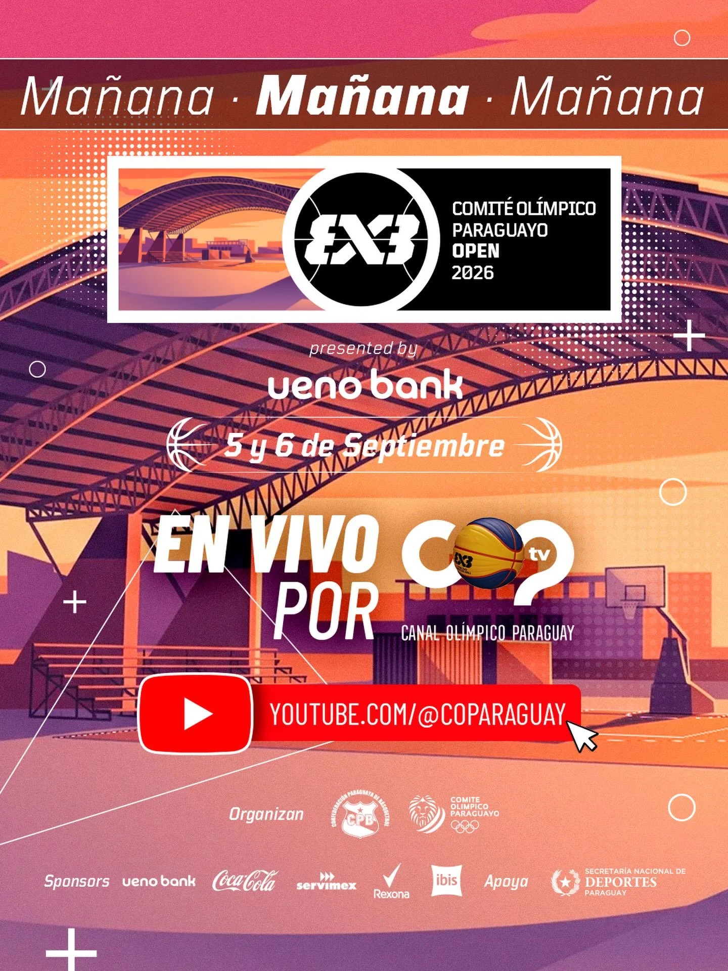 #Basket3x3 ⛹🏻&zwj;♂️⛹🏻&zwj;♀️ | 🤩 &iexcl;MA&Ntilde;ANA s&aacute;bado 5 y el domingo 6 de septiembre, se disputar&aacute; el 🏀 Comit&eacute; Ol&iacute;mpico Open 2026! 🇵🇾✅ #CopOpen2026 @cpb_py 

🚨 VIVILO EN VIVO por el Canal Ol&iacute;mpico Par