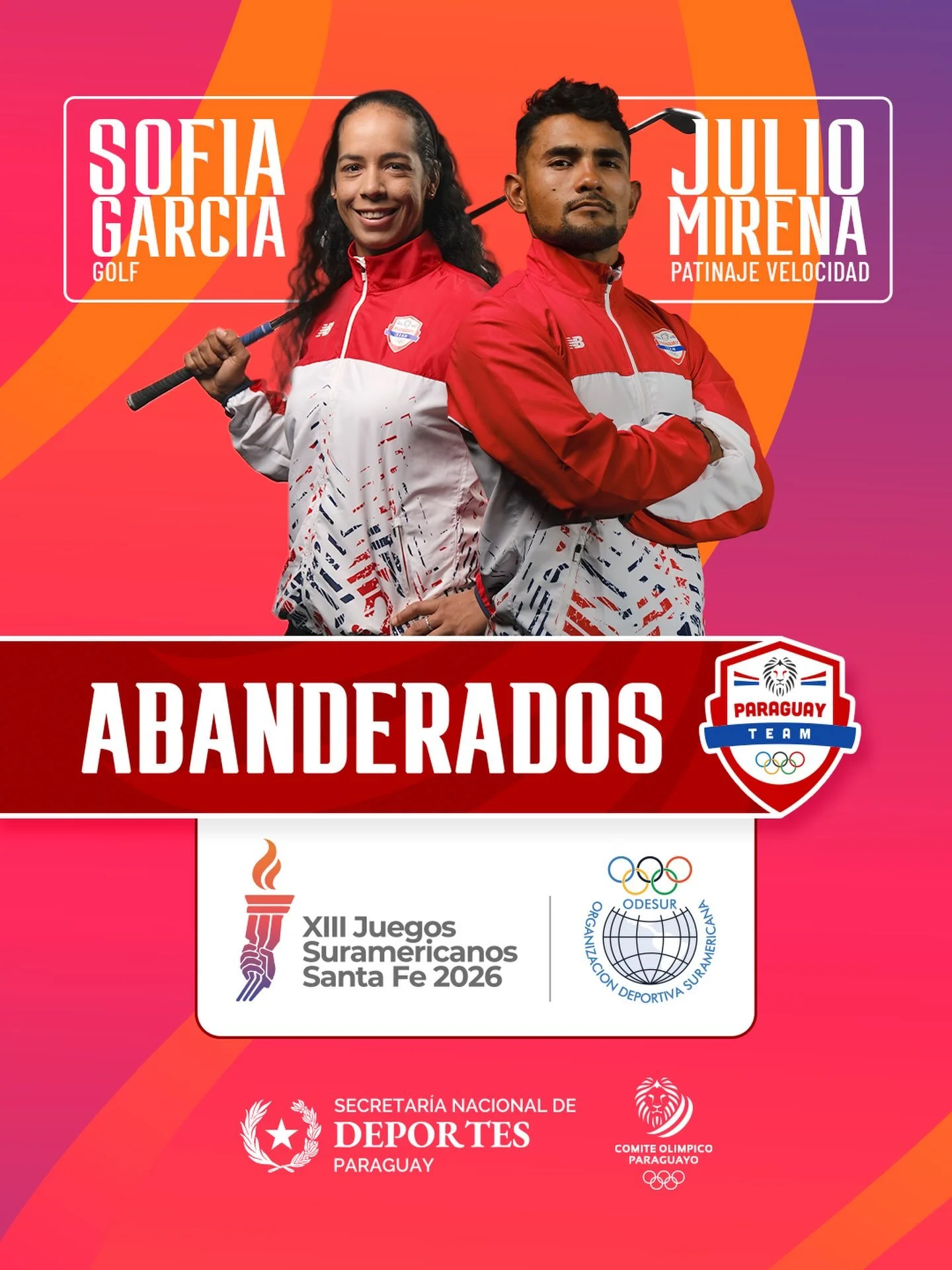 🇵🇾 Abanderados del Team Paraguay para los XIII Juegos Suramericanos Santa Fe 🇦🇷 2026 🤩

🙋🏻&zwj;♀️ @sofi_garcia98 - Golf.

🙋🏻&zwj;♂️ @jcmirena - Patinaje de Velocidad.

🙌🏻 &iexcl;VAMOS PARAGUAY! 🔴⚪️🔵 

#ParaguayPuede