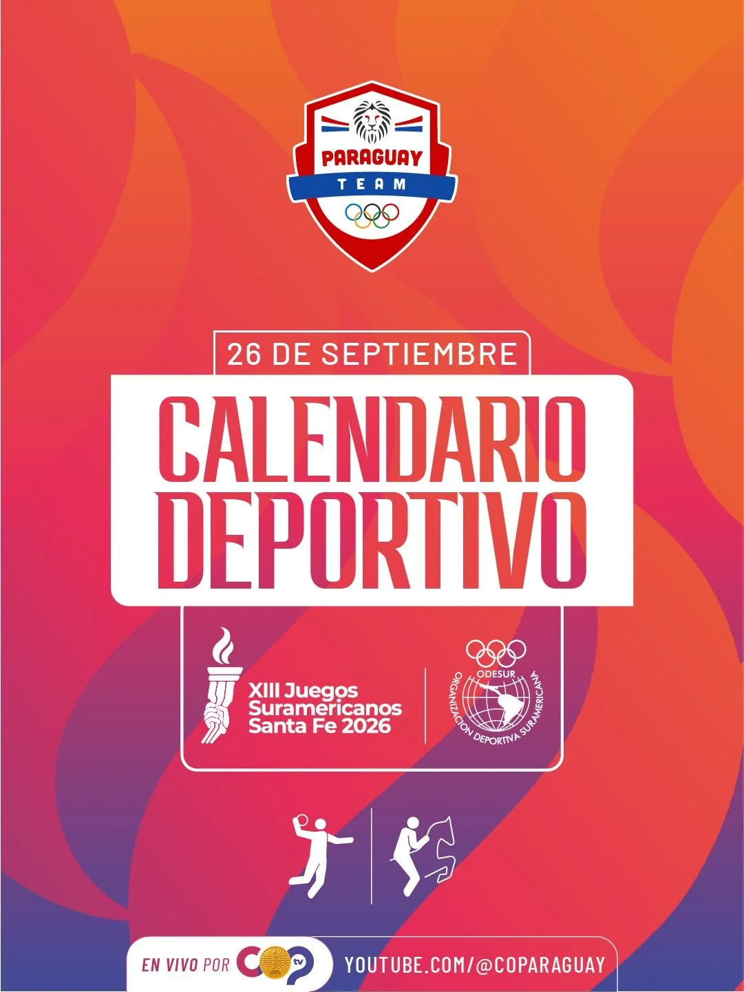 🇵🇾 Calendario Deportivo del #TeamParaguay - S&aacute;bado 26/09 💪🏻 &iexcl;VAMOS!

📌 2️⃣ Deportes.
📍 2️⃣ Sedes.

✅ XIII Juegos Suramericanos Santa Fe 🇦🇷 2026 | @suramericanos26 

🚨 EN VIVO por el Canal Ol&iacute;mpico Paraguayo en YouTube. 

