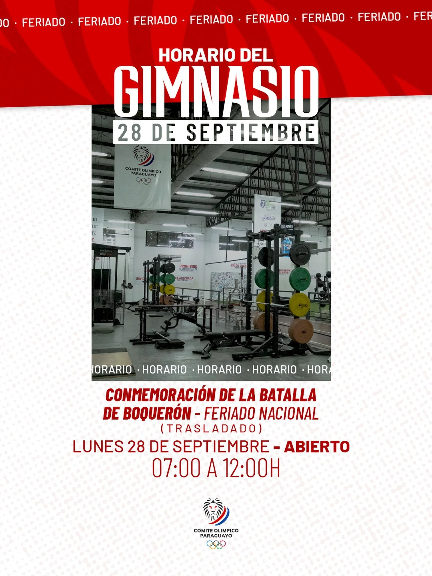 Comunicado: Horario del Gimnasio Ol&iacute;mpico - Feriado Lunes 28 de septiembre.