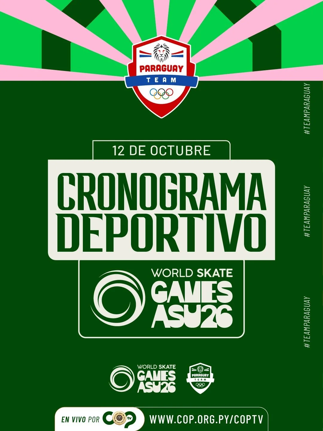 ✅ Agenda del #TeamParaguay del lunes 12 de Octubre en el 🌎 World Skate Games ASU🇵🇾2026 🛹🛼

🚨 EN VIVO por COPTV: cop.org.py/coptv 

#ParaguayPuede
