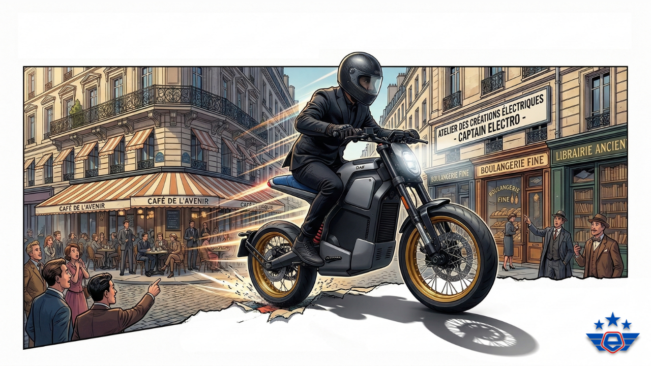 Stylized illustration of a rider in a suit on a DAB 1 motorcycle speeding through a Parisian street.