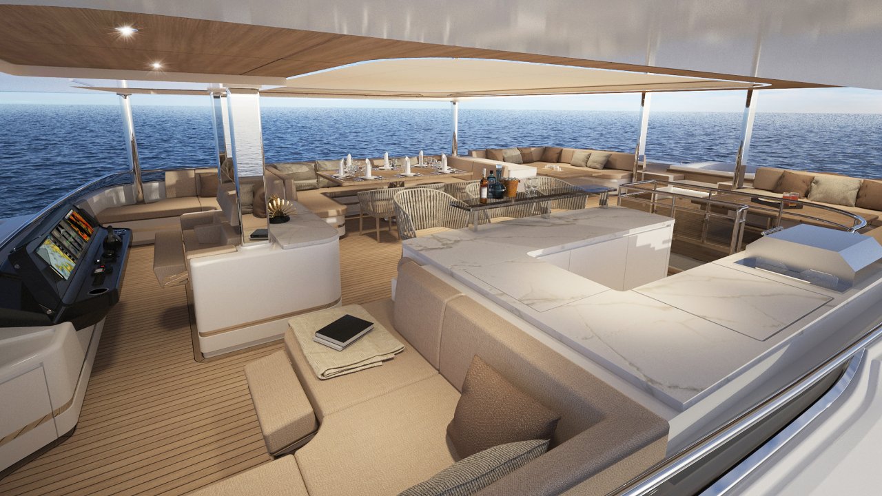 Silent Yachts SY80 3-deck open upper deck exterior.