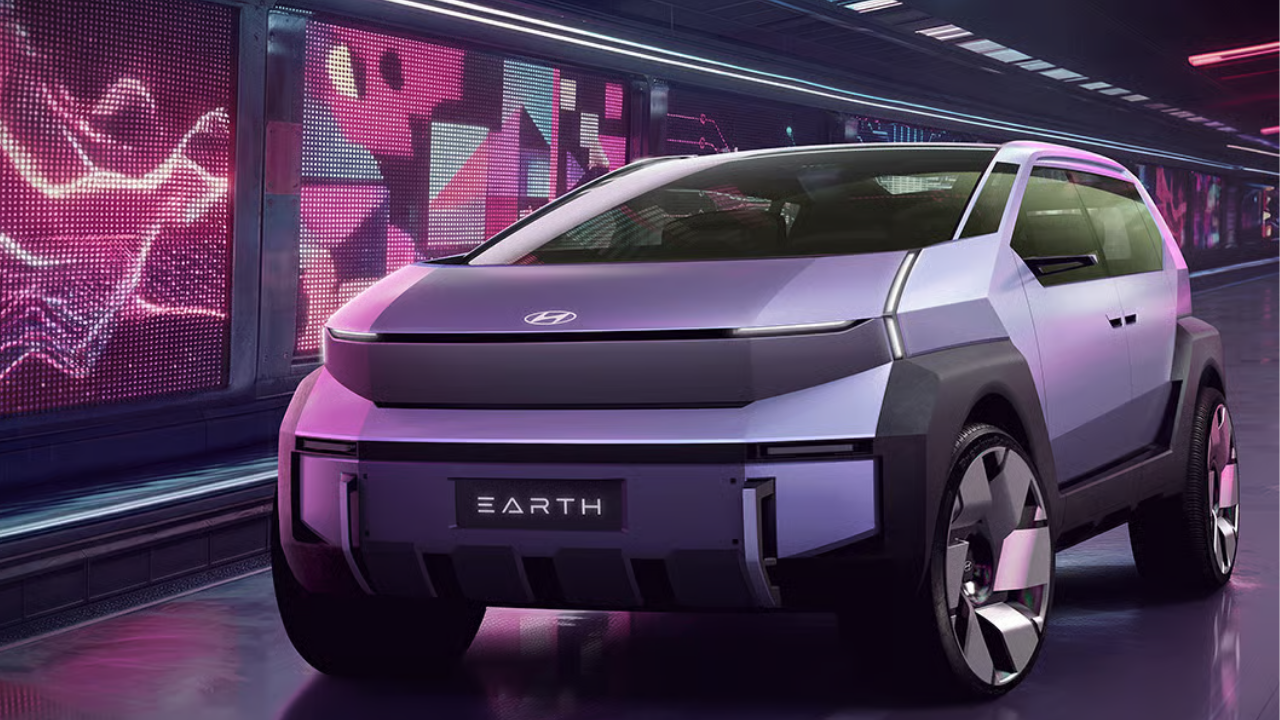 Rendering of white Hyundai Earth concept SUV in neon cyberpunk tunnel for future electric vehicle design.