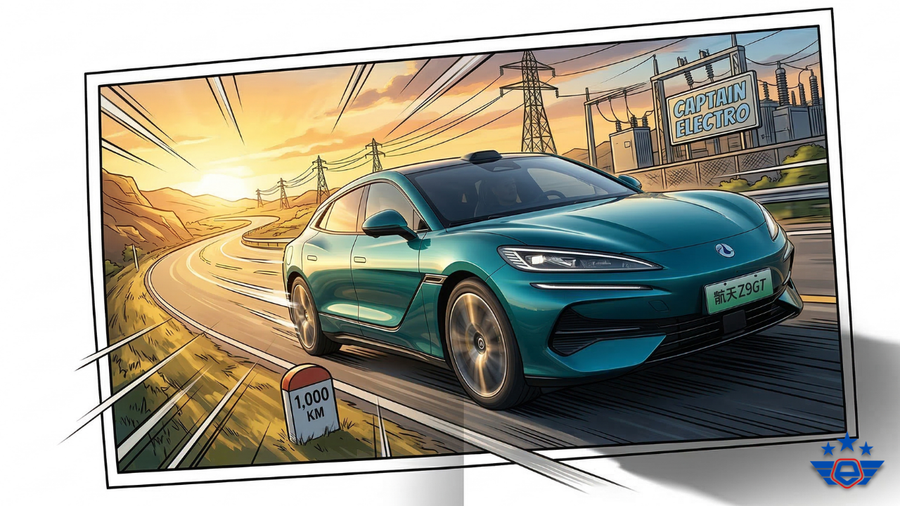 Stylized illustration of a teal Denza Z9 GT speeding past a 1,000 KM marker toward a Captain Electro station.