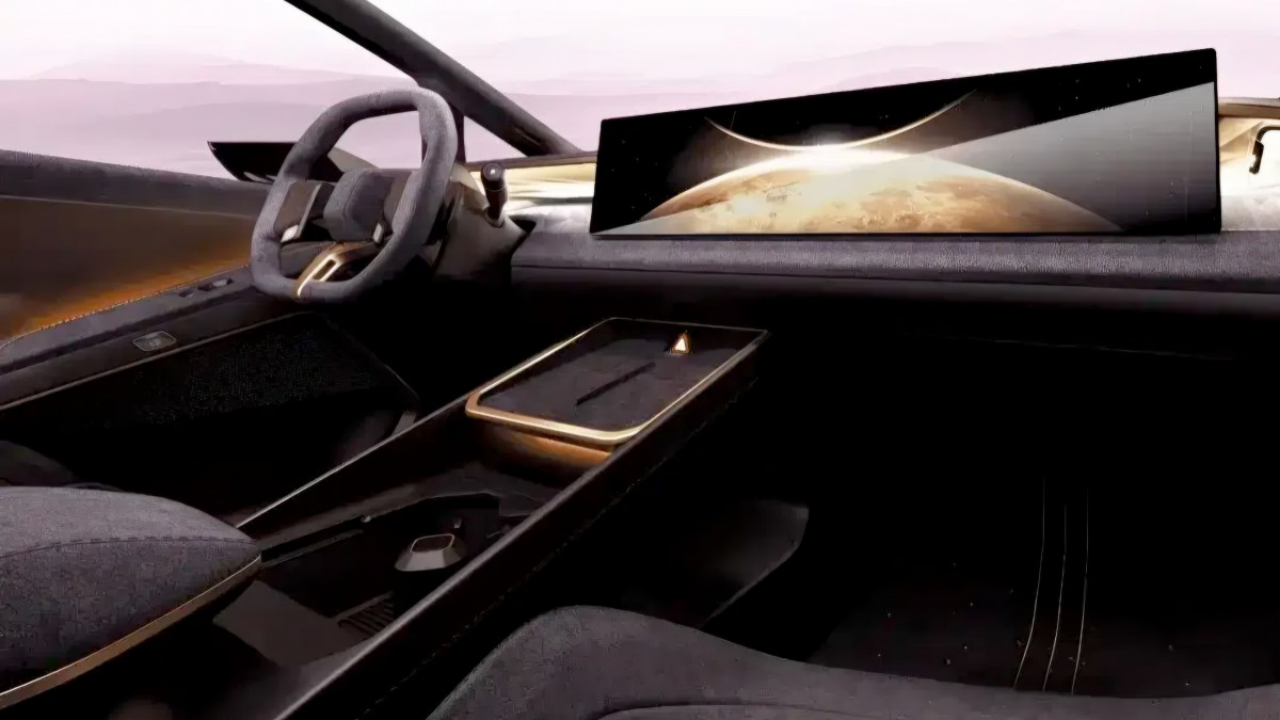Rendering of gold accented Hyundai Venus interior with panoramic screen showing Mars for future EV cockpits.