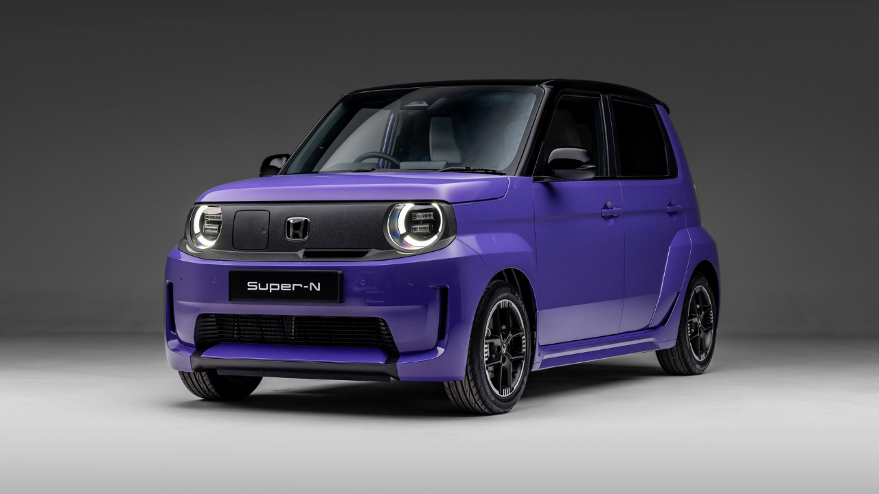 Rendering of a purple Honda Super-N electric kei car with round headlights in a gray studio setting.