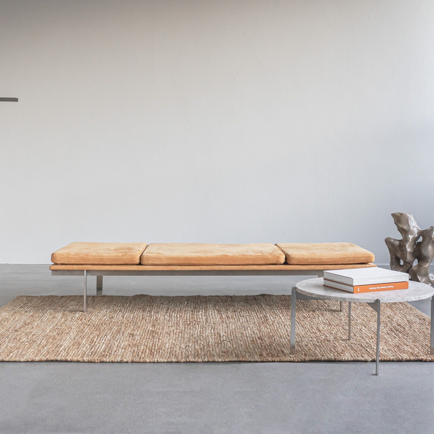 Daybed in nubuck aniline leather. 
Leather color: Cognac 
Hemp rug, handwoven in India. 
&Oslash;60 Coffee table in imperador marble. 
 #danishdesign #daybed