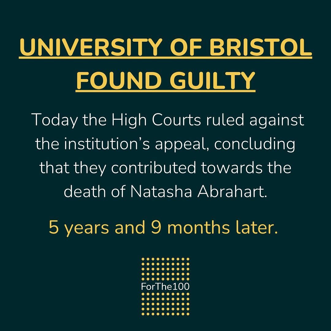 Today marks a huge day in the Duty of care fight. 

Despite an appeal, the ruling has remained that University of Bristol contributed towards the death of Natasha Abrahart. 

The university is YET to apologise, instead offering sympathy&hellip; despi