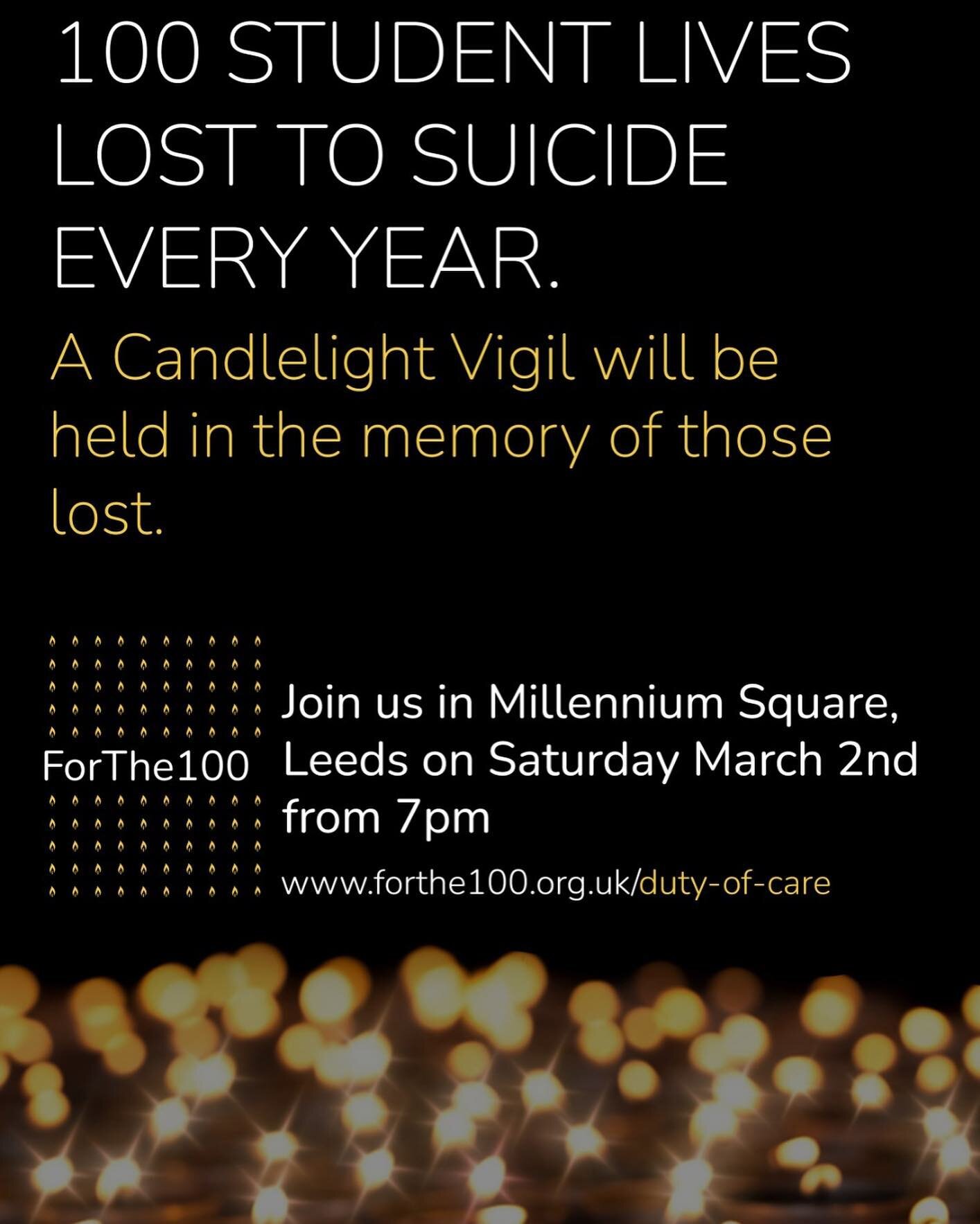 💛ANNOUNCEMENT💛 

Saturday March 2nd, 7pm we will be hosting our annual candlelight vigil.

Join us in Millennium Square, Leeds City Centre, to remember those lost to suicide and to stand in solidarity with those suffering. 

We hope to start breaki