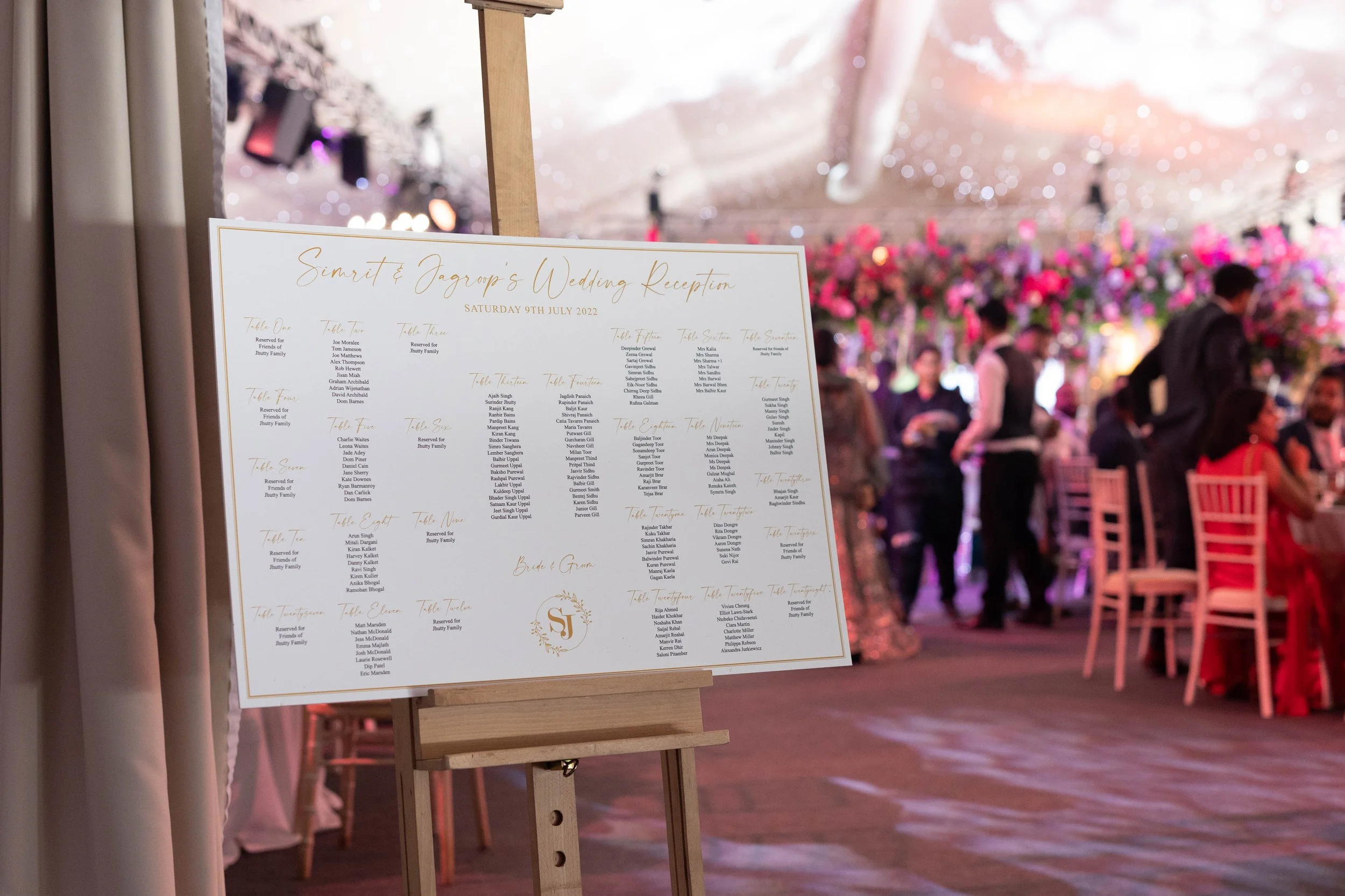 Wedding reception seating chart on an easel with guests in the background under a decorated ceiling with flowers and lights.