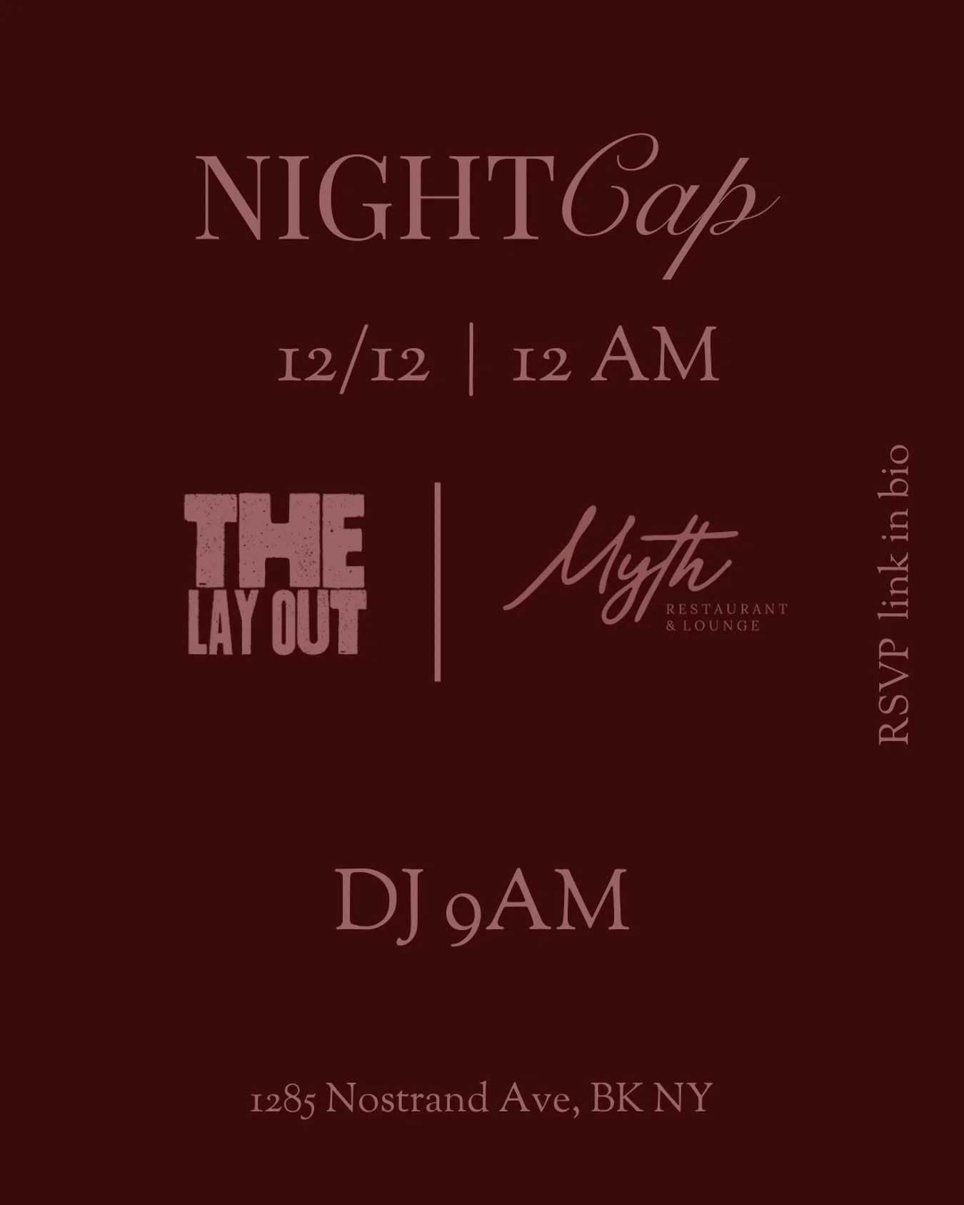 Nightcap, anyone? 🍷✨ We&rsquo;re stepping out Friday, 12/12 at 12 AM for a moment at @mythrestandlounge, with sounds by @dj9am.

And before we get a think piece,  we KNOW that technically once the clock hits midnight it&rsquo;s the 13th. But 12/12 a