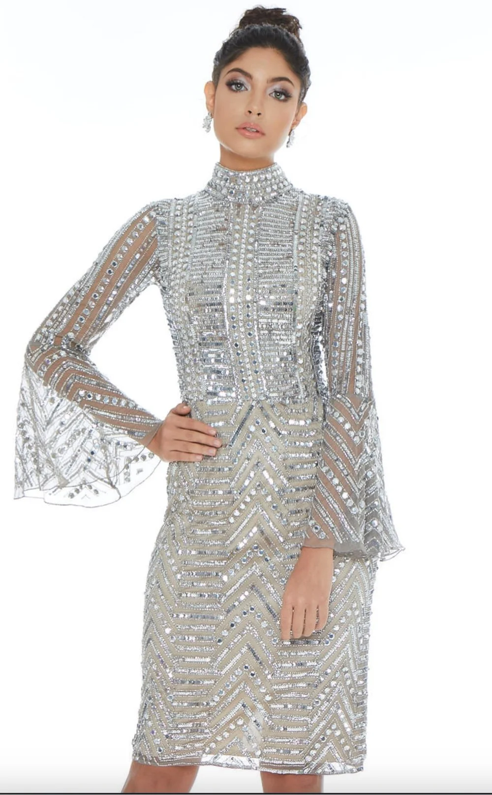 ashley lauren silver dress ASHLEYlauren 11598 Off Shoulder Pearl Beaded Gown