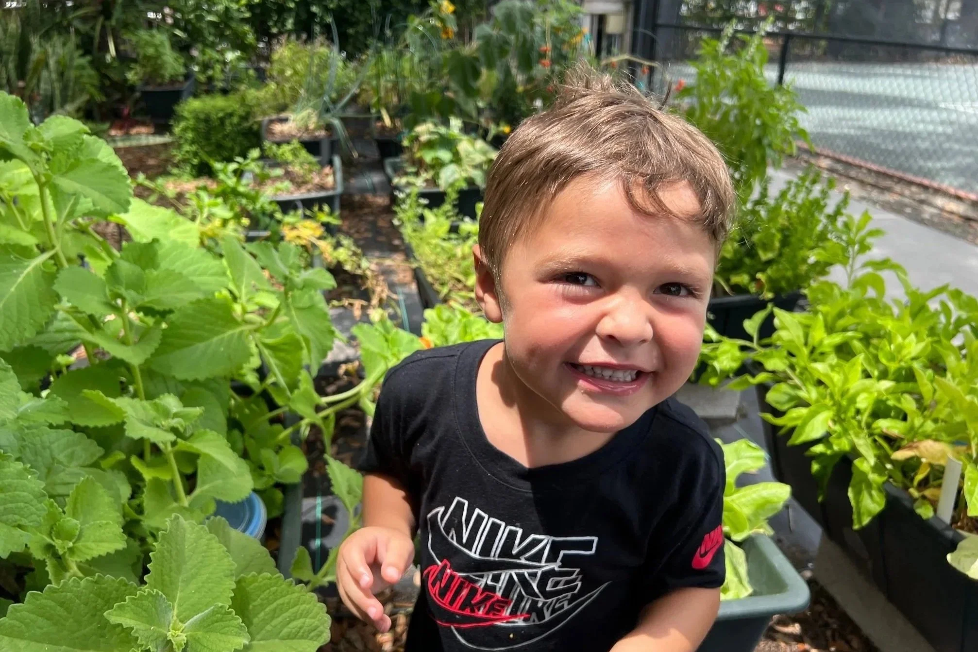 Child exploring the garden during a pediatric therapy activity at Apollo Beach Therapy Center.