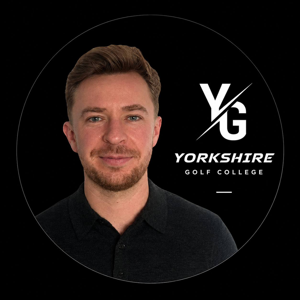 Portrait of a smiling young man with light brown hair and a beard, wearing a dark collared shirt, with the Yorkshire Golf Academy logo in the background.