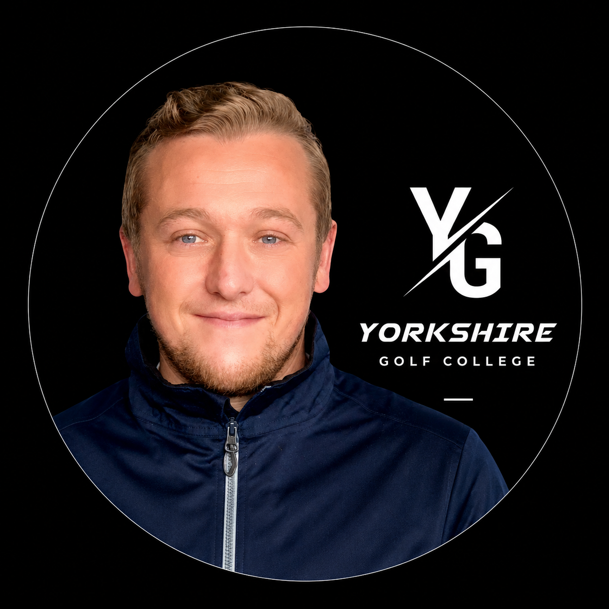A young man with short blonde hair, blue eyes, and a slight smile, wearing a navy blue jacket, in front of a black circular background with the Yorkshire Golf Academy logo.