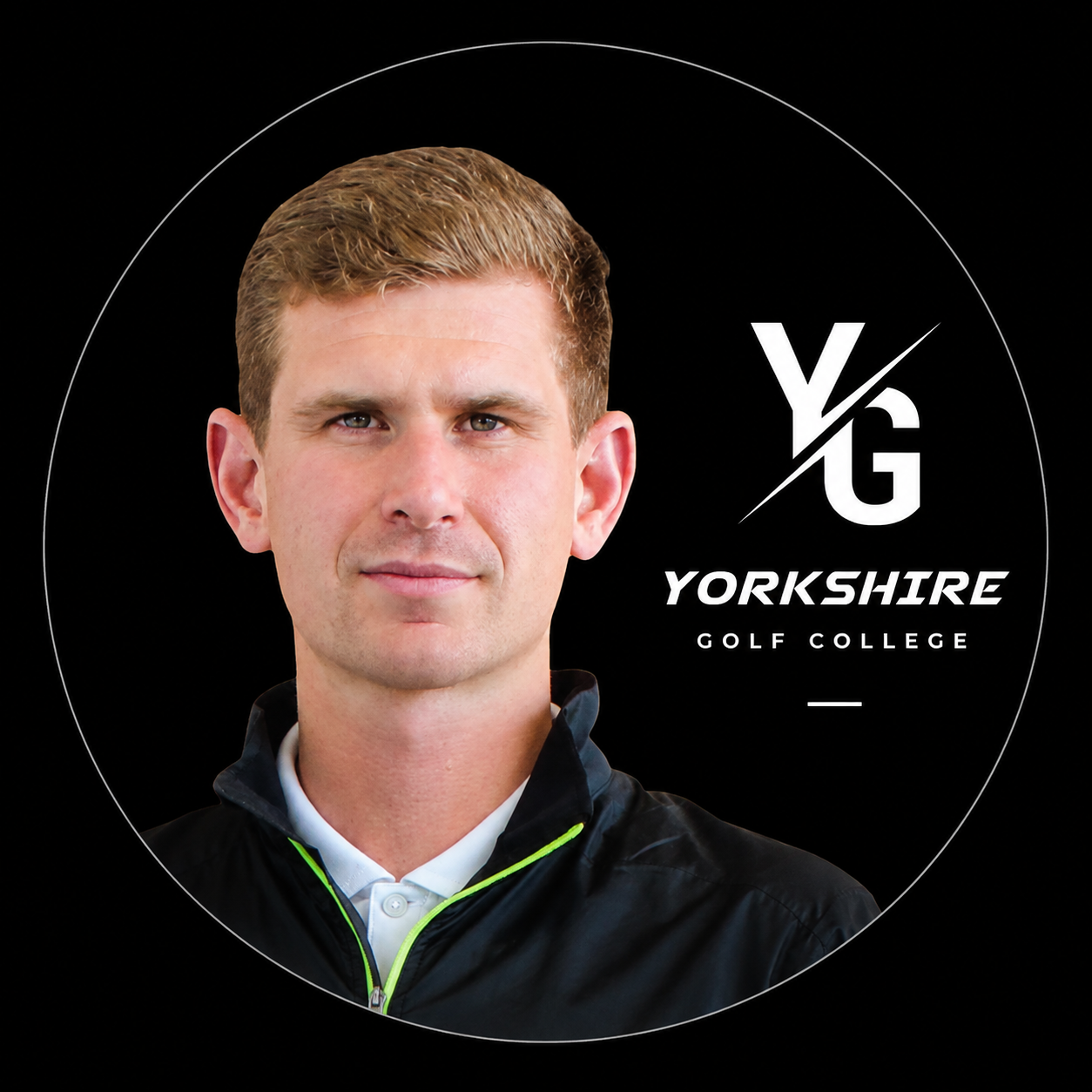 A man with short light brown hair wearing a black jacket over a white collared shirt standing in front of a black circle background with white text that reads 'Y/G YORKSHIRE GOLF ACADEMY'.