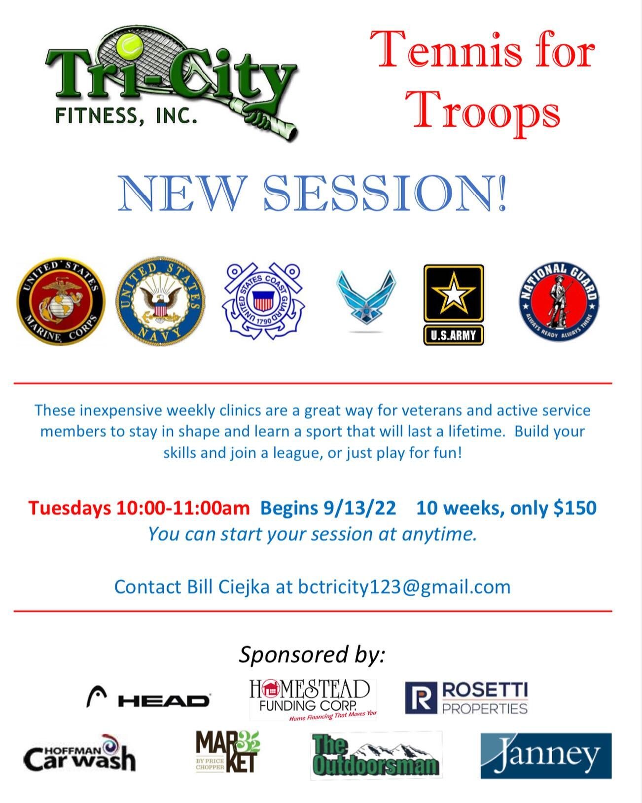 Calling on all Military service members and their family&rsquo;s. Time to start the new session of the Tennis for the Troops clinic.  Please email Billy at bctricity123@gmail.com for more info.  Thank you!
