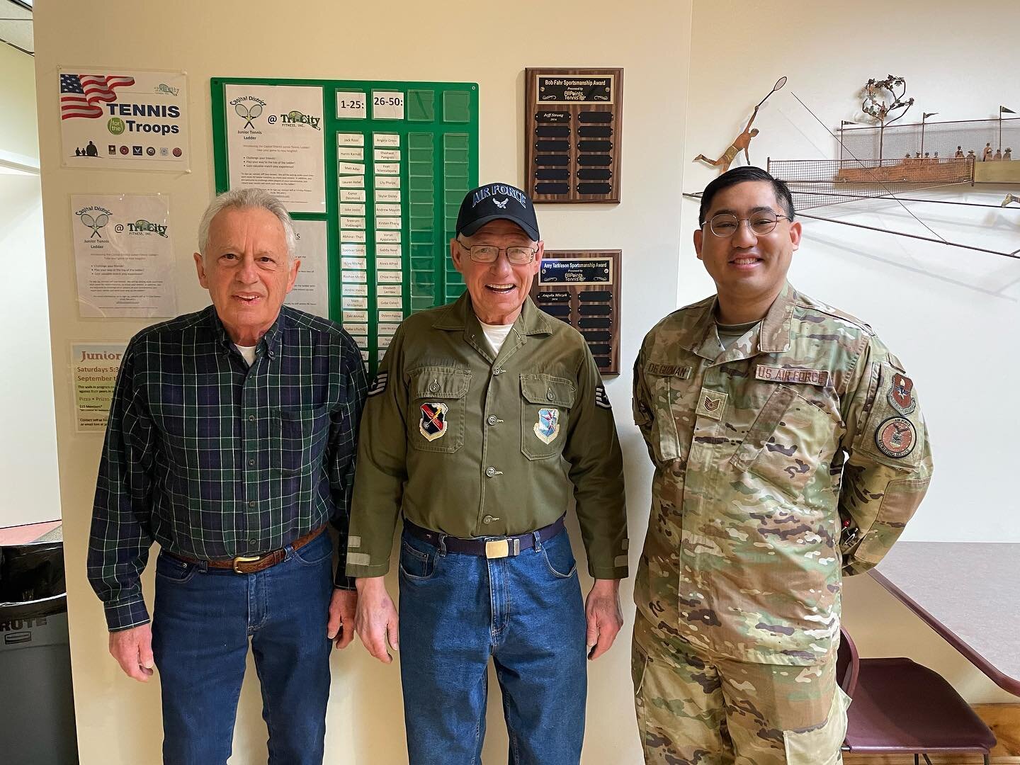 Tennis for the Troops members, Tom Dygert, William Ciejka and Bj Guzman are all stationed at Misawa Air Force Base Japan at various times between 1959 -2016. Thank you for your service￼! From the staff at Tri-City Fitness.