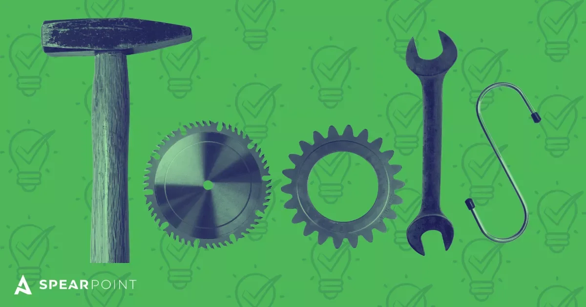 Answer engine optimization tools graphic showing hammer, saw blade, gears, and wrench on green background