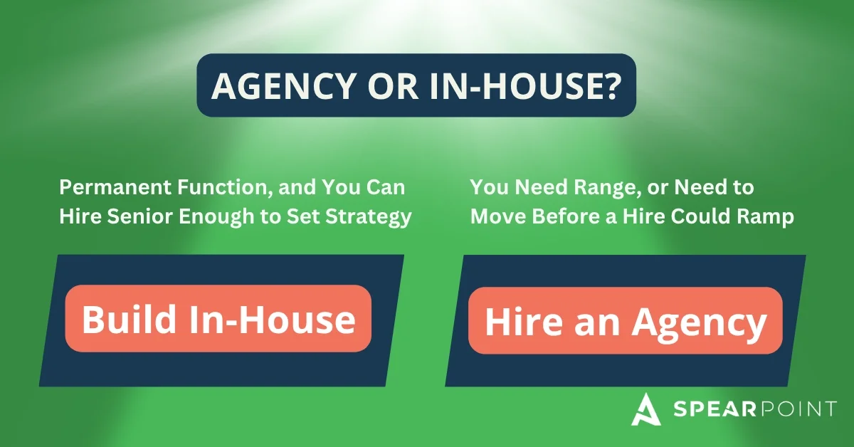 Card comparing when to build SEO in-house and when to hire an agency.