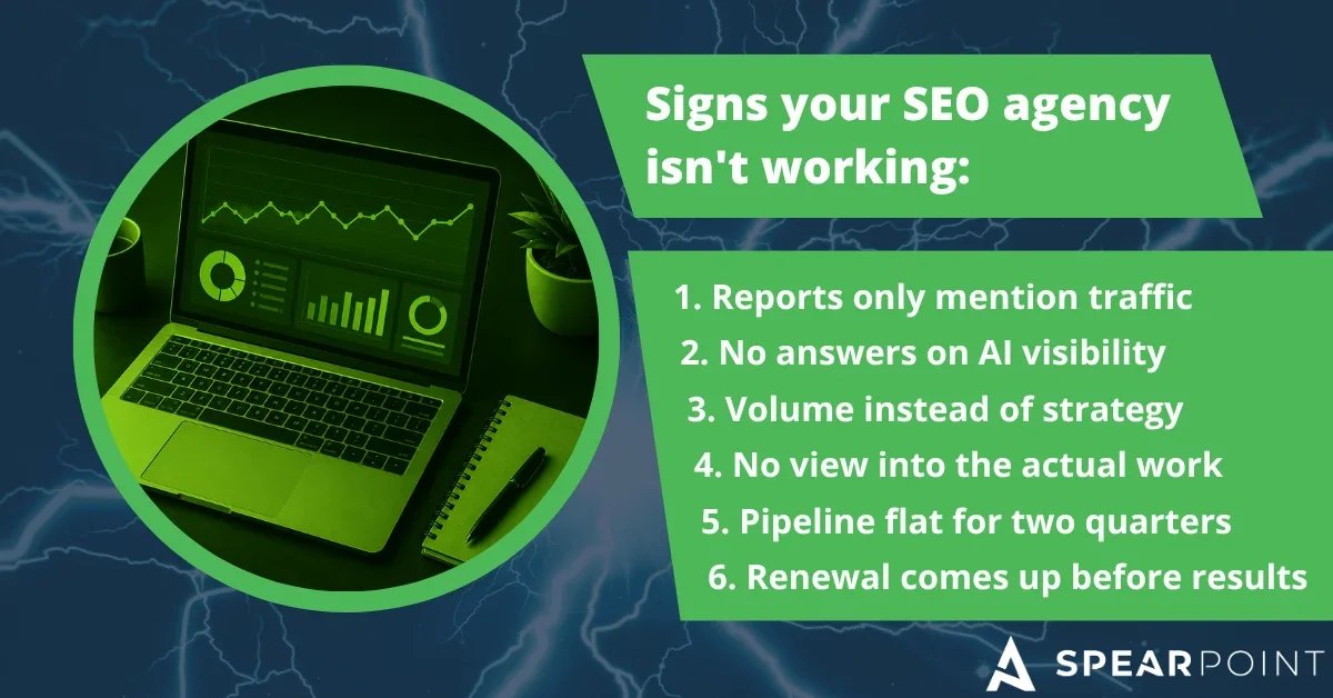 Laptop showing a flat analytics dashboard beside six signs your SEO agency isn't working.