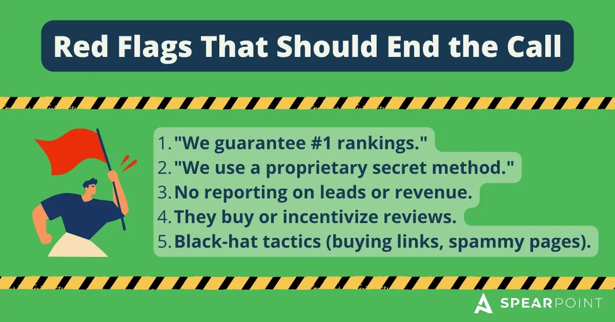 'Red Flags That Should End the Call' graphic with a figure holding a red flag beside a numbered list of five SEO-agency warning signs.