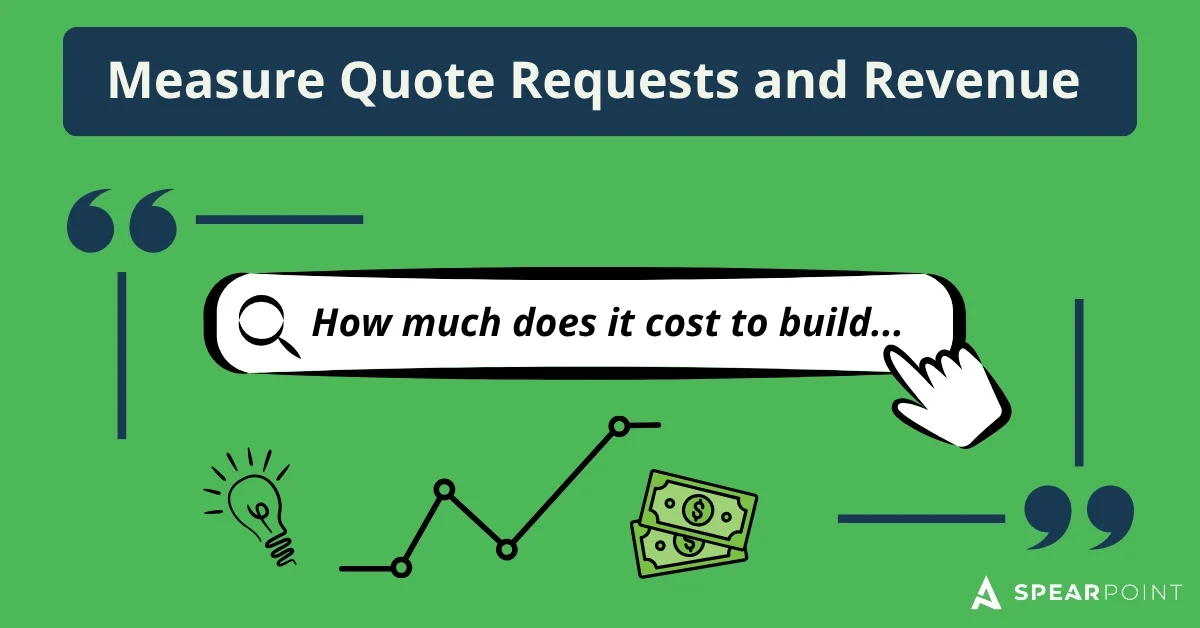 'Measure Quote Requests and Revenue' graphic with a search bar, lightbulb, rising chart, and cash icons.