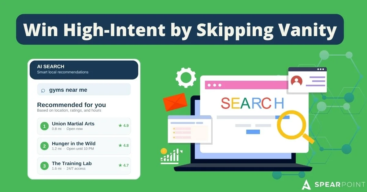 'Win High-Intent by Skipping Vanity' graphic with a mock AI search ranking "gyms near me" and a laptop search illustration.
