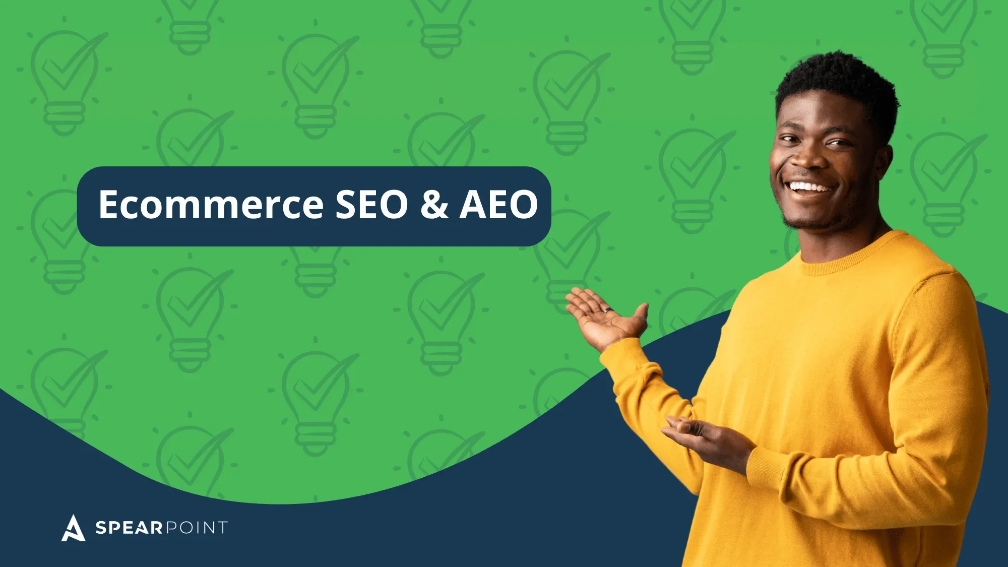 Featured image for an ecommerce SEO and AEO marketing guide showing a person presenting strategies for improving search visibility and AI search optimization.