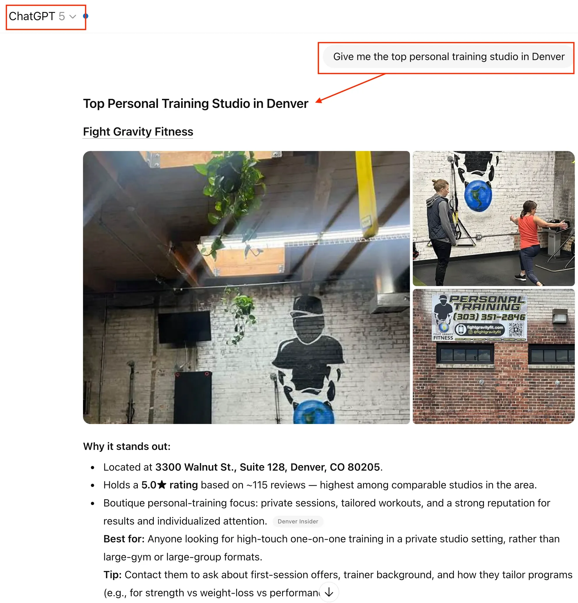ChatGPT Result for Top Personal Training Studio in Denver