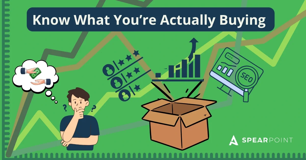 'Know What You're Actually Buying' graphic with a puzzled man and SEO icons bursting out of an open box.