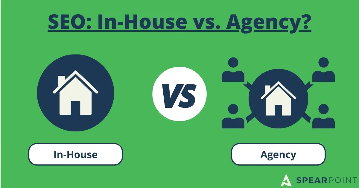 In-House vs. Agency comparing a single house icon to a house surrounded by people, on green