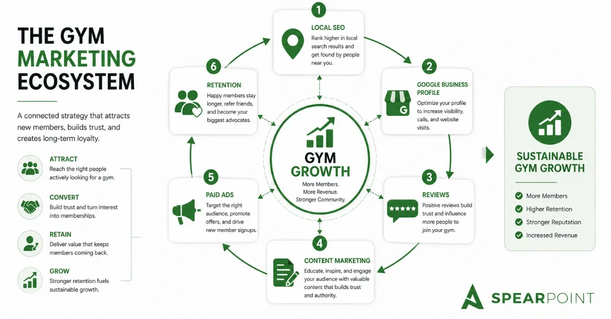 Gym marketing ecosystem infographic showing how local SEO, Google Business Profile optimization, reviews, content marketing, paid ads, and retention strategies drive gym growth.