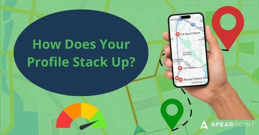 Phone showing a map and location pins beside a performance gauge, above the label "How Does Your Profile Stack Up?