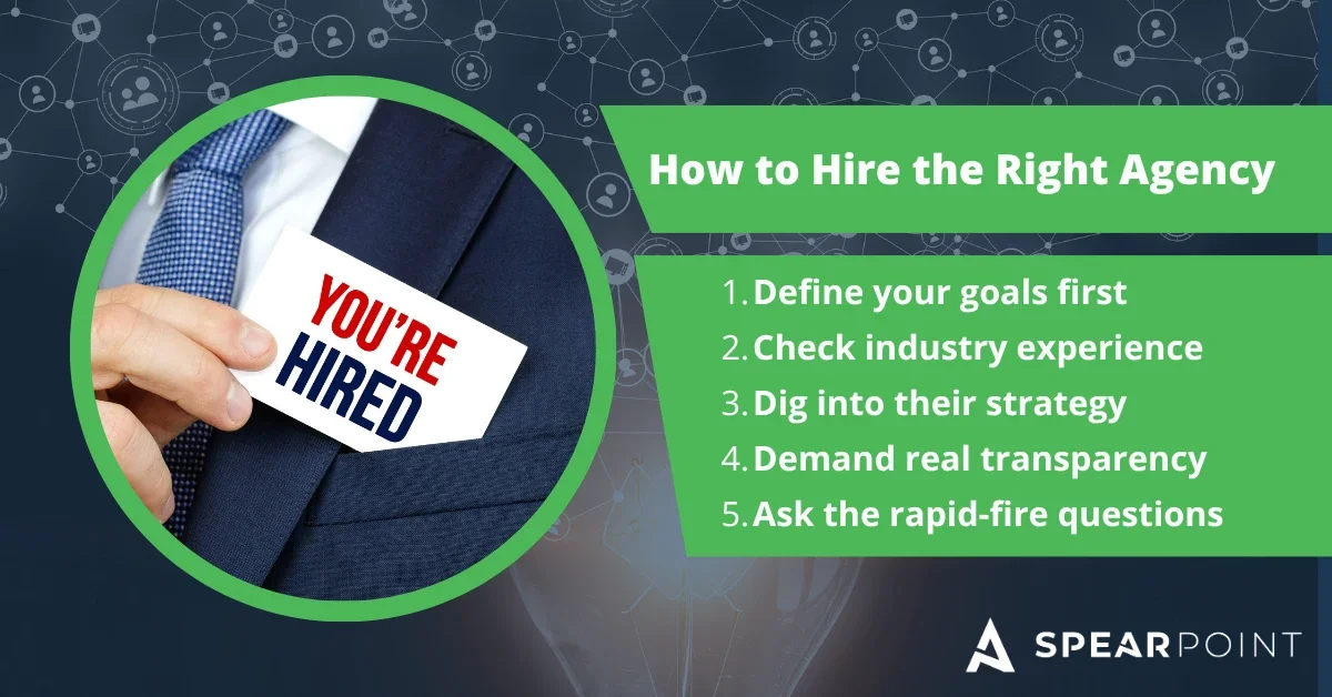 A You're Hired card beside the five steps to hiring the right B2B SEO agency.