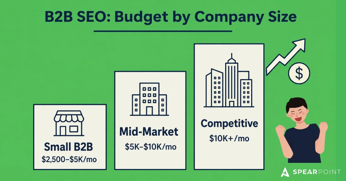Three B2B SEO budget tiers by company size rising toward a return-on-investment payoff.
