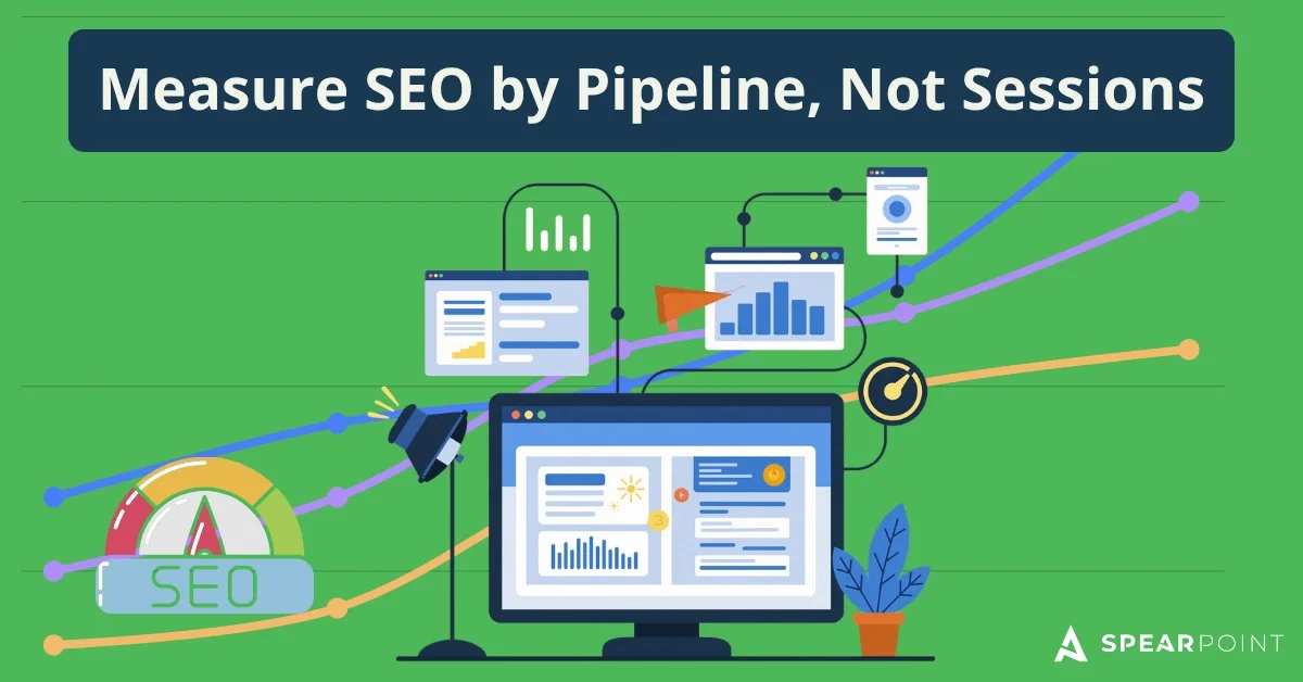 A marketing analytics dashboard with charts and an SEO gauge below the title "Measure SEO by Pipeline, Not Sessions.