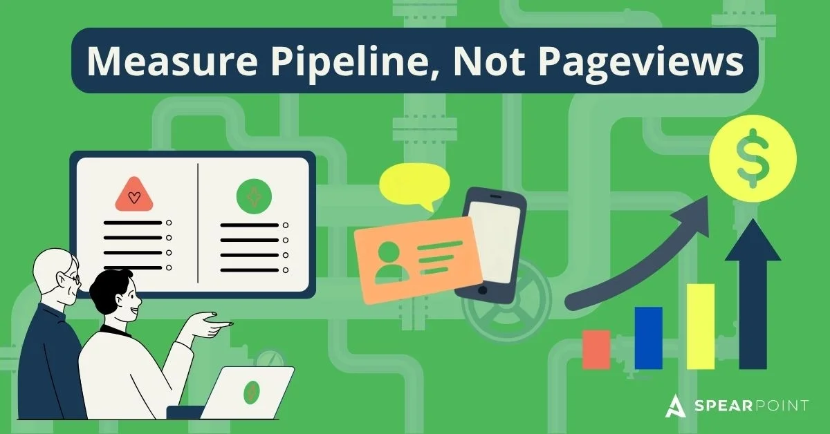 'Measure Pipeline, Not Pageviews' graphic with two people at a laptop, a contact card, and a rising bar chart.