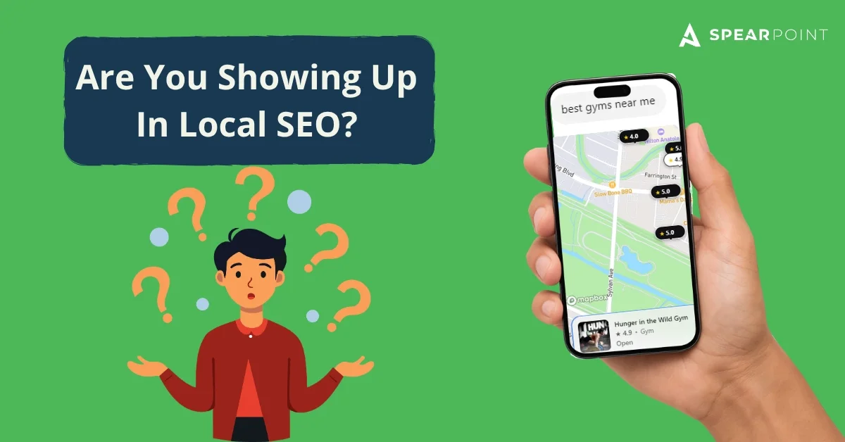 A confused illustrated man surrounded by question marks beside a phone showing a "best gyms near me" ChatGPT search.