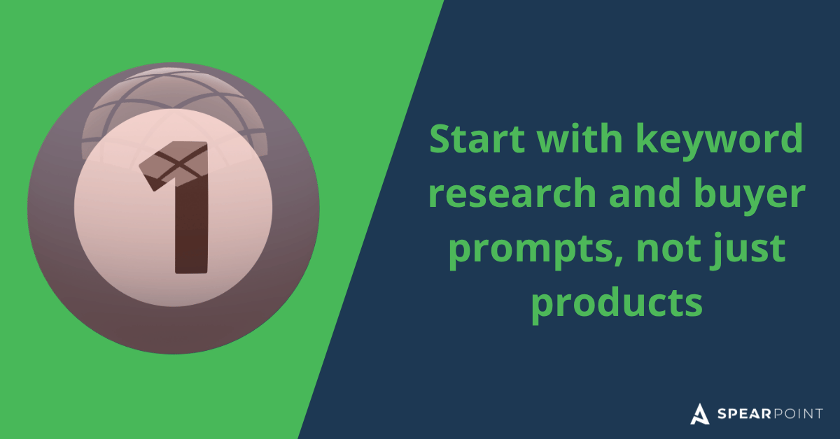 SEO strategy infographic highlighting the importance of keyword research and buyer intent prompts for ecommerce SEO and AI search optimization.